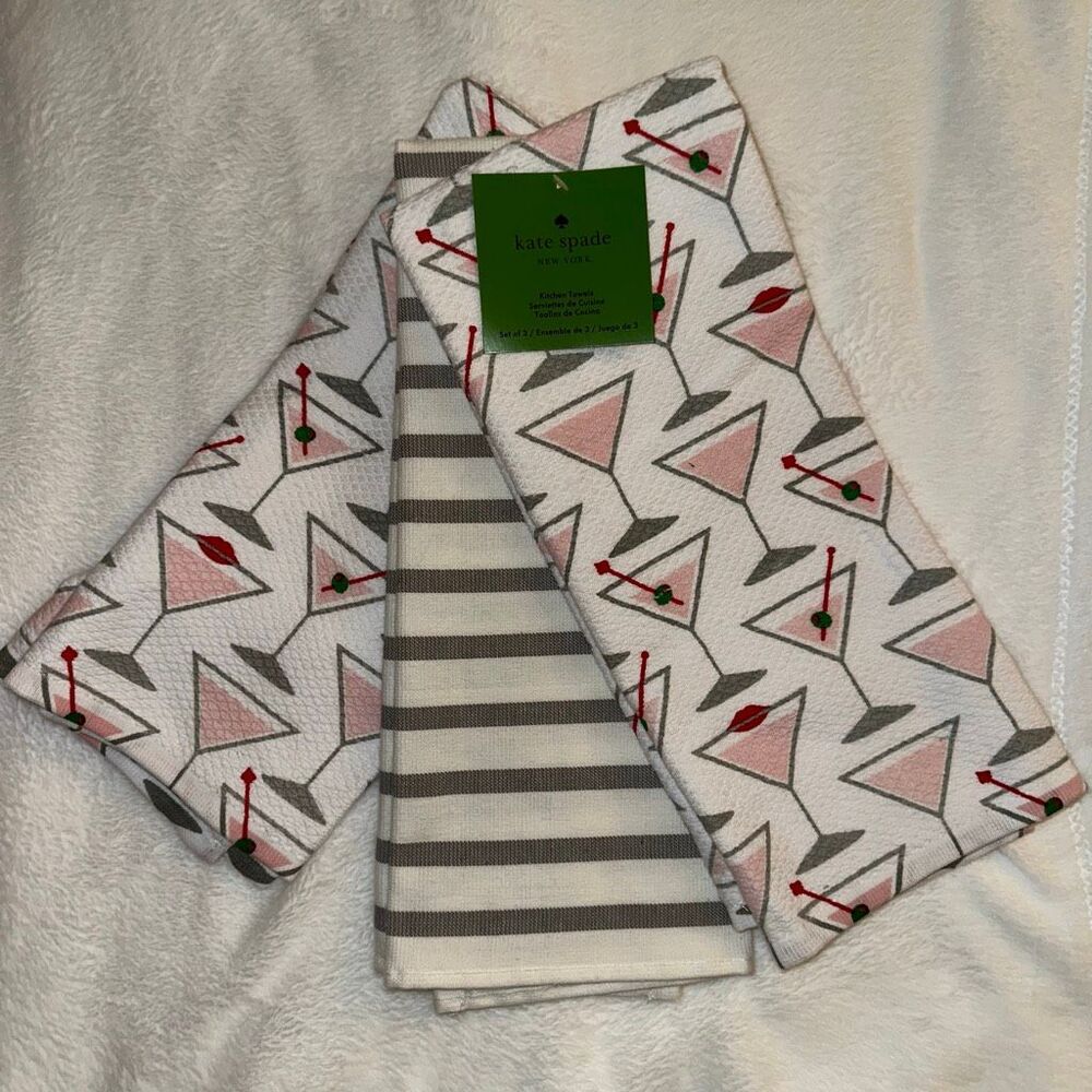 Kate Spade Kitchen Towel Set - 3 Pieces - White Gray Pink Stripe Martini Print